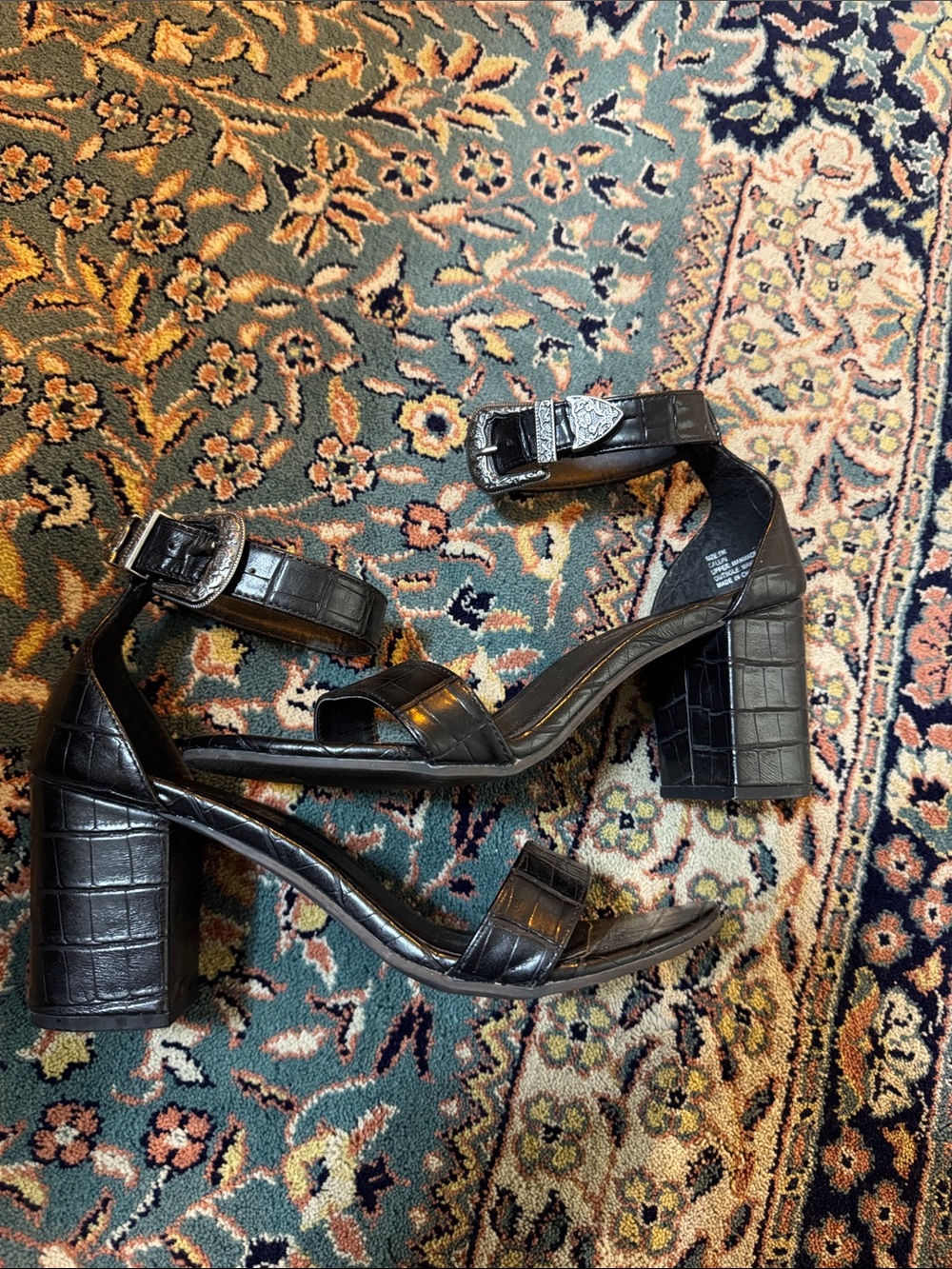 Matisse Black Croc-Embossed Block Heel Sandals